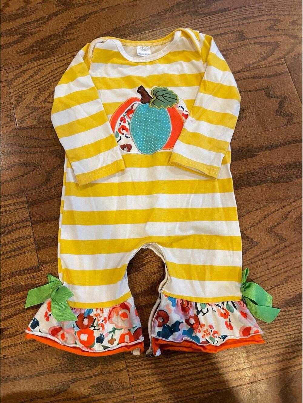 Girls Pumpkin Ruffle Romper – Size 12–18 Months (Boutique Style)